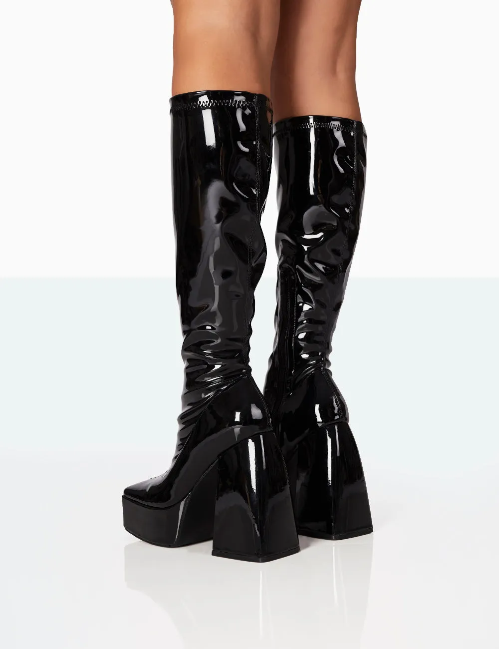 High Knee Flat Boots Heartbeat Wide Fit Black Patent Chunky Square Toe Platform Block Knee High Boots