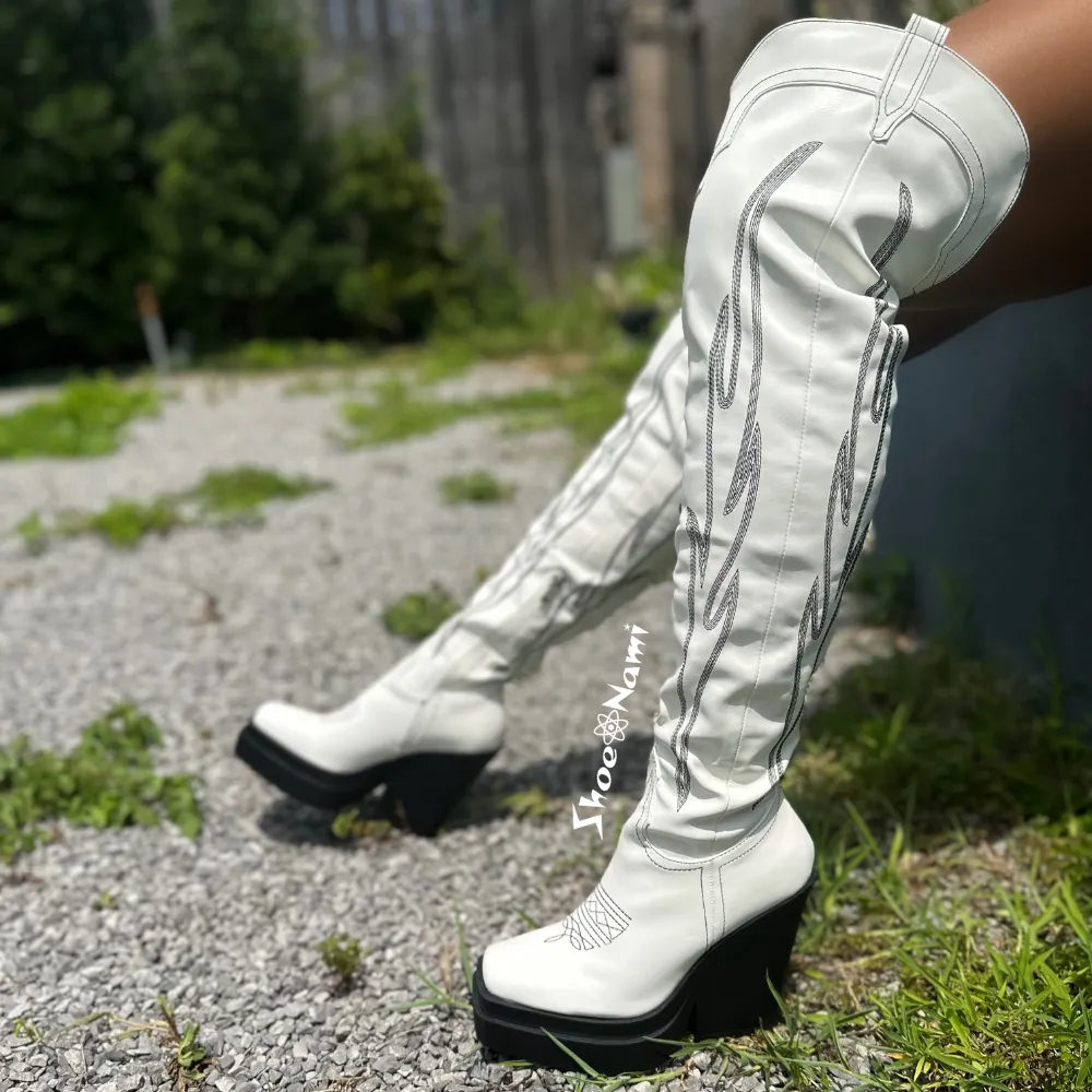 HIGH HORSE/2024 White Faux Leather Platform Thigh High Boot Elegant Boots For Winter Anti Slip