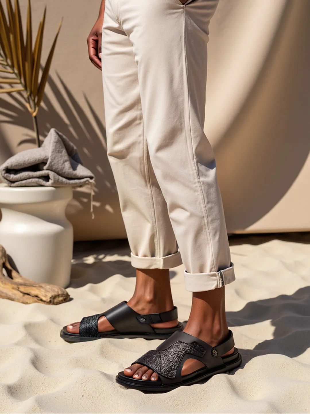 Imperio By Regal Black Men Textured Leather Sandals Nacho Suede Espadrilles