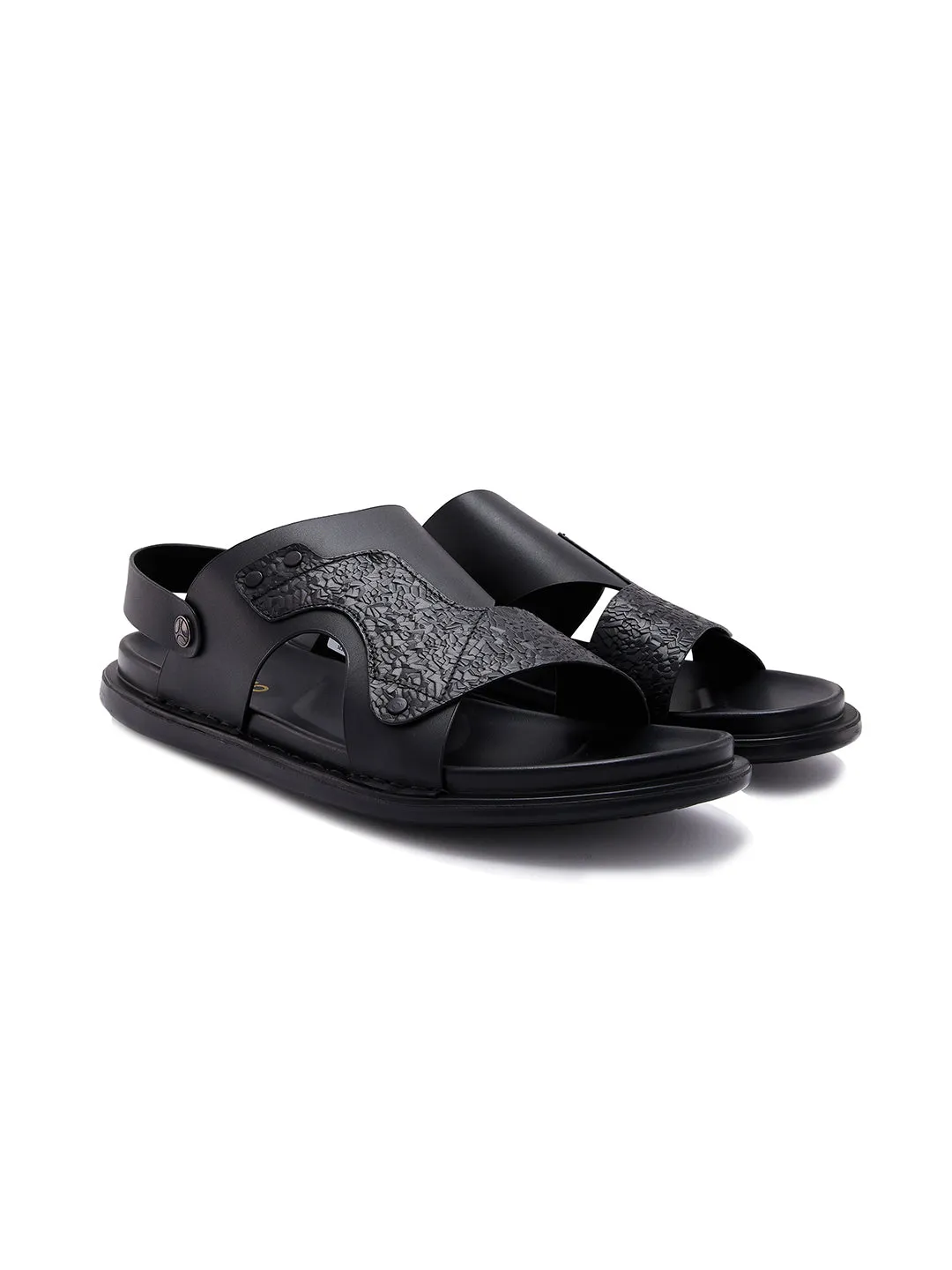 Imperio By Regal Black Men Textured Leather Sandals Espadrilles Histoire