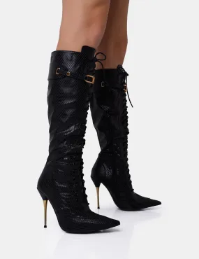 Knee High Boots Snake Print Infatuated Black Croc Lace Up Buckle Feature Pointed Toe Gold Stiletto Knee High Boots