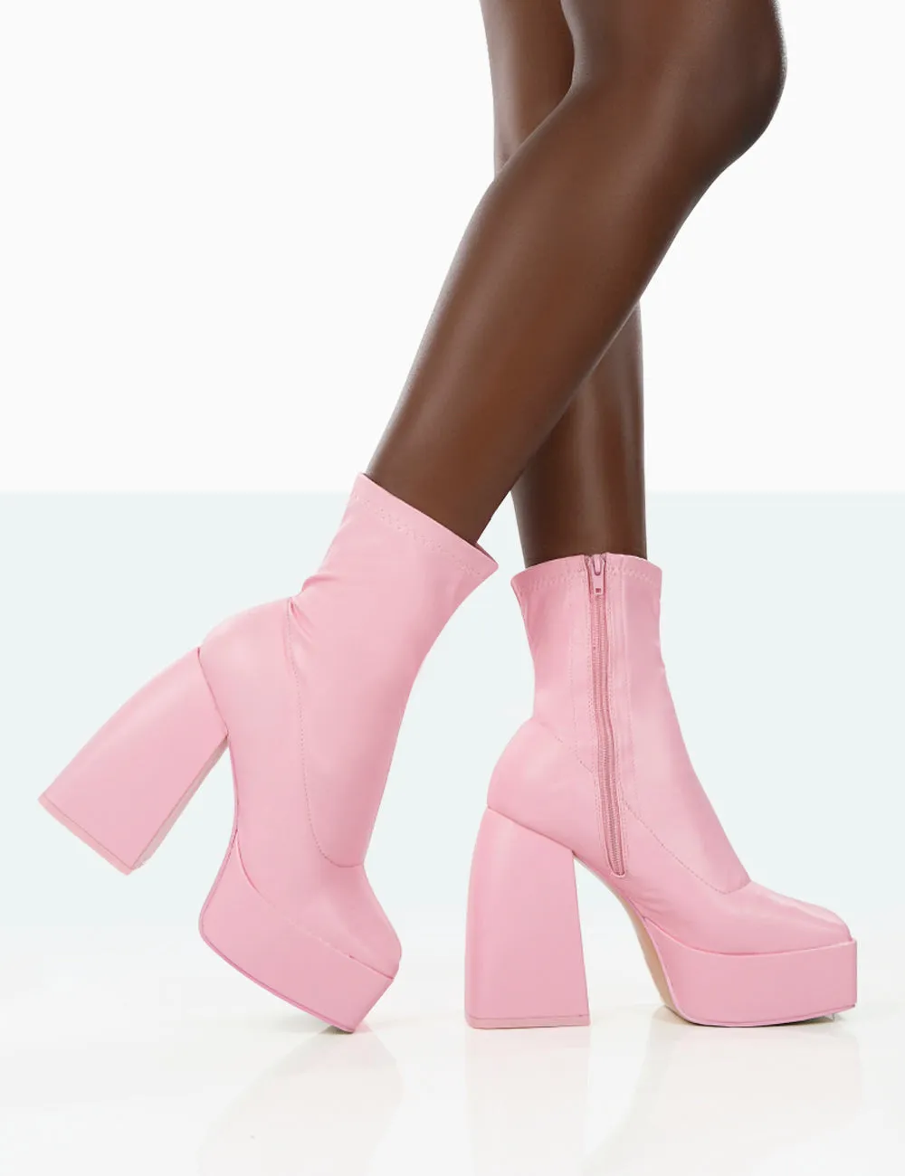 Ankle Boots Front Zip Own Thing Wide Fit Pink PU Chunky Square Toe Platform Heel Ankle Boots