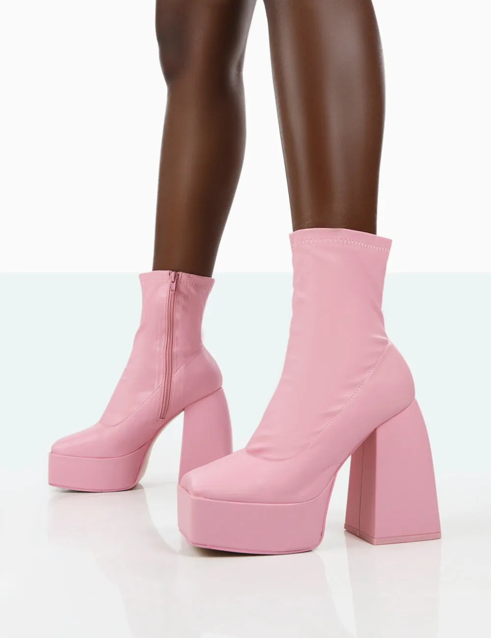 Own Thing Wide Fit Pink PU Chunky Square Toe Platform Heel Ankle Boots Ankle Boots With Fleece