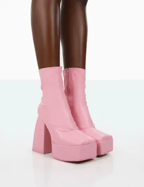 Ostrich Ankle Boots Own Thing Wide Fit Pink PU Chunky Square Toe Platform Heel Ankle Boots