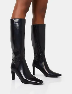 Knee High Pointed Toe Heeled Boots Pose Black Textured Pu Zip Up Knee High Slim Block Heeled Boots