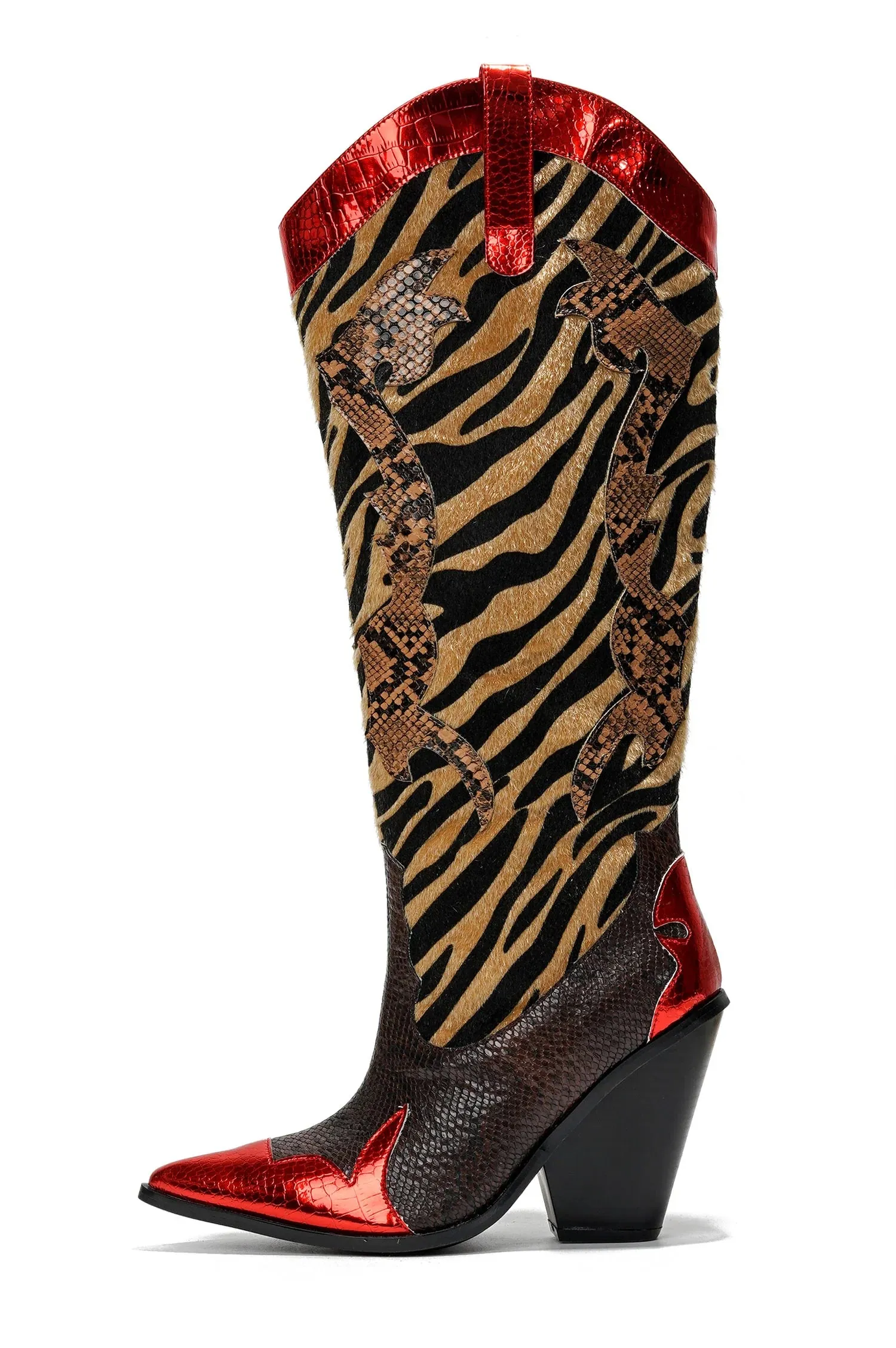 KARINE Red Metallic Black Brown Multi Faux Tiger Snake Cowboy Boot Combat Boots Near Me