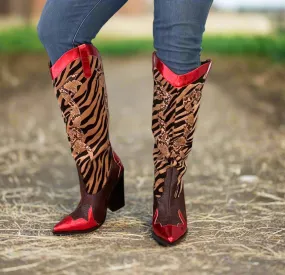 KARINE Red Metallic Black Brown Multi Faux Tiger Snake Cowboy Boot Boots With Style