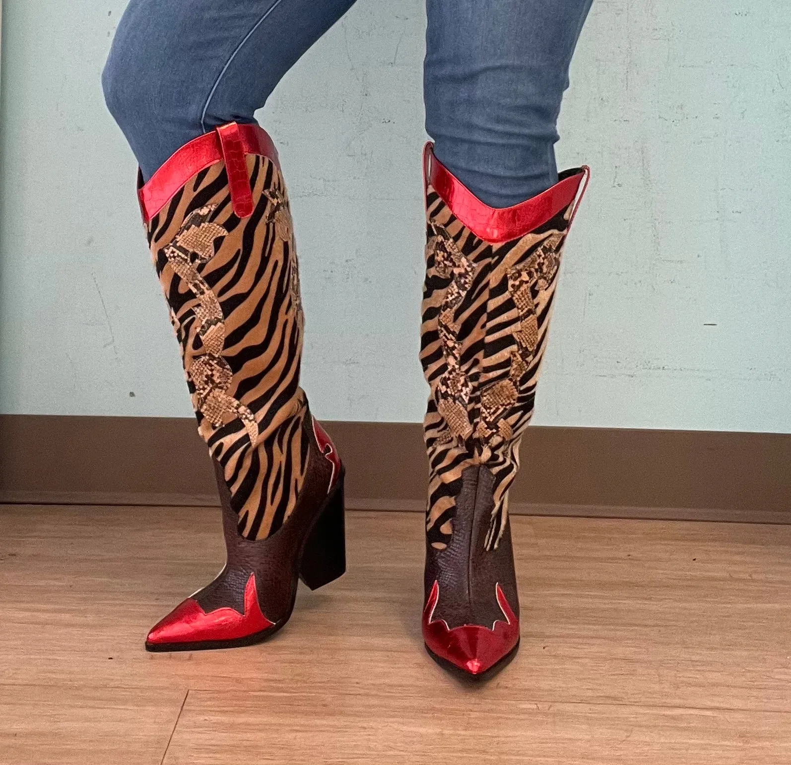 KARINE Red Metallic Black Brown Multi Faux Tiger Snake Cowboy Boot Baby Cowgirl Boots