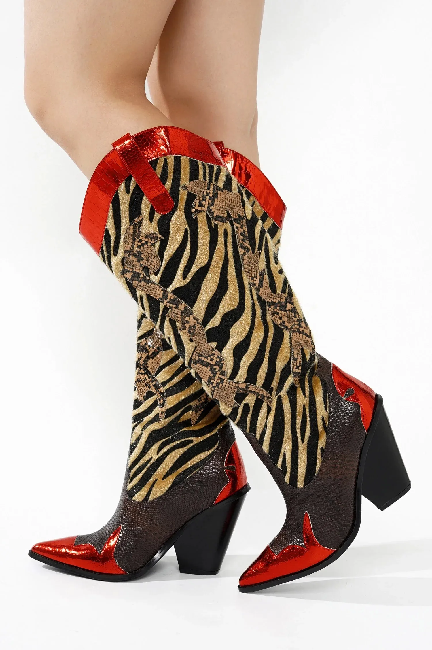 Cow Skin Cowboy Boots KARINE Red Metallic Black Brown Multi Faux Tiger Snake Cowboy Boot