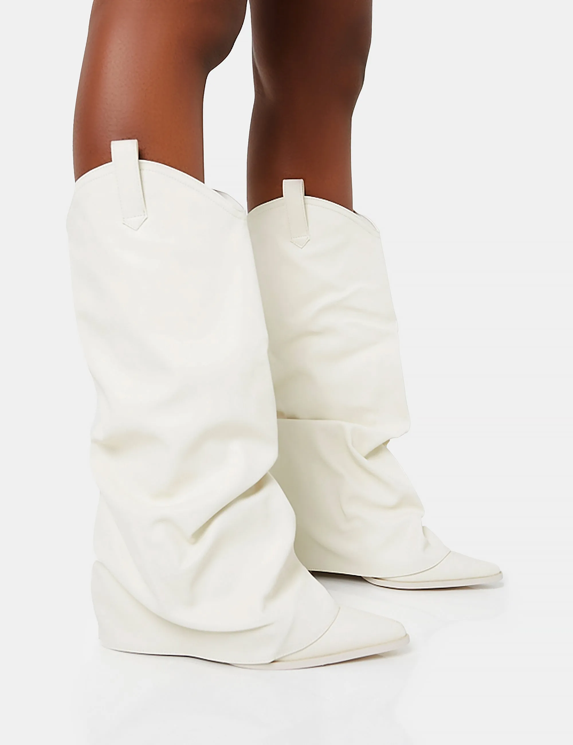 Sheriff White Pu Western Inspired Fold Over Pointed Toe Block Heeled Cowboy Knee High Boots Knee High Boots Wide Calf
