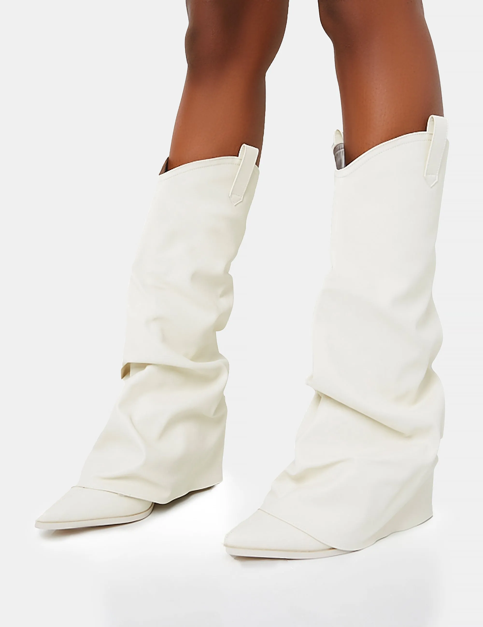 Plus Size Boots Extra Wide Calf Sheriff White Pu Western Inspired Fold Over Pointed Toe Block Heeled Cowboy Knee High Boots