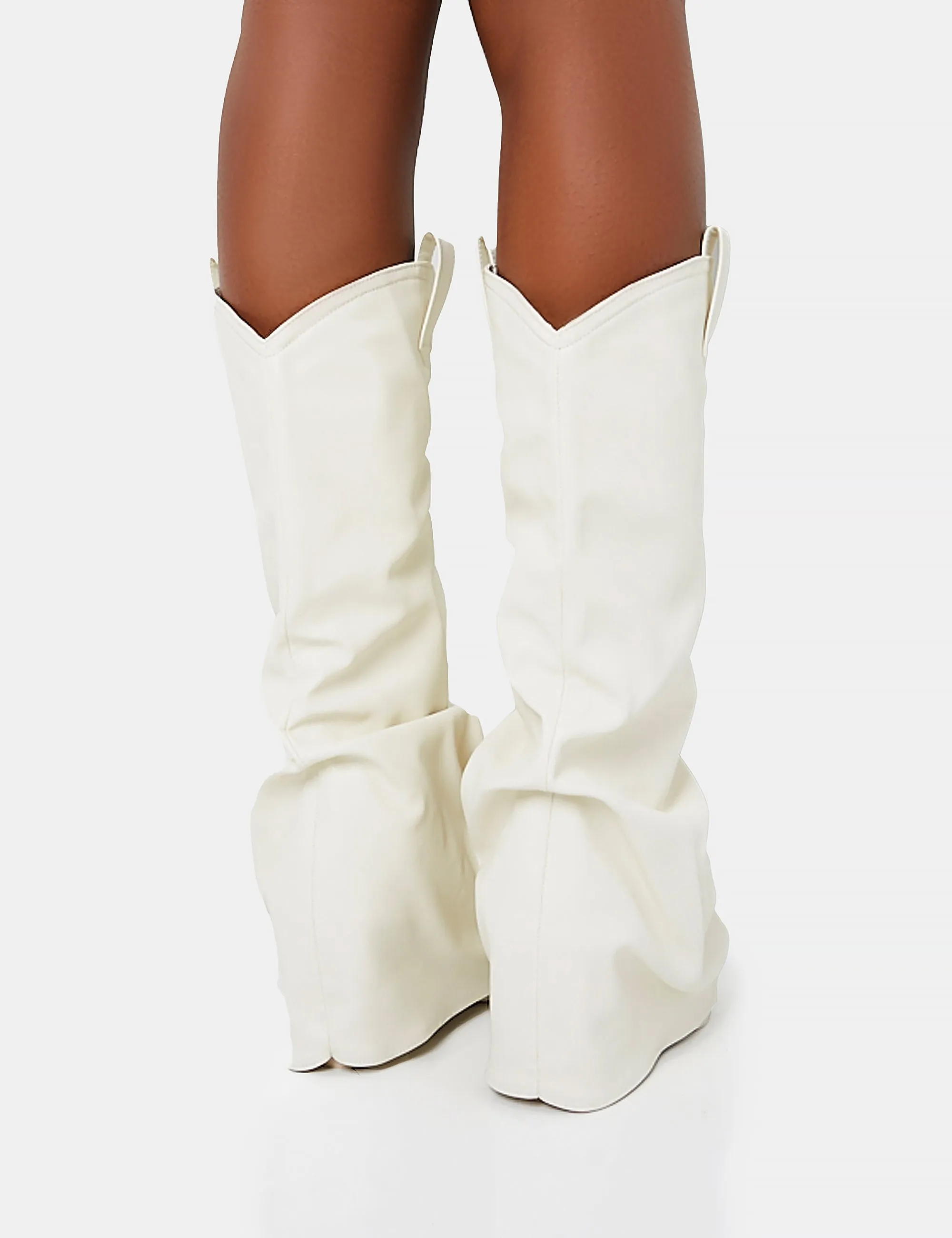 Sheriff White Pu Western Inspired Fold Over Pointed Toe Block Heeled Cowboy Knee High Boots Knee High Boots And Dress Outfit