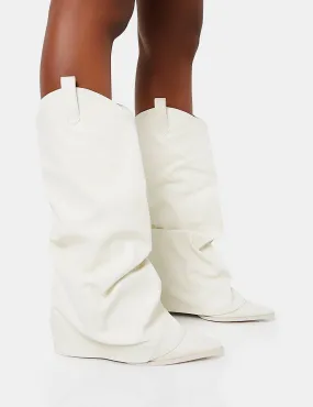 Cowgirl Boots With Pants Sheriff White Pu Western Inspired Fold Over Pointed Toe Block Heeled Cowboy Knee High Boots