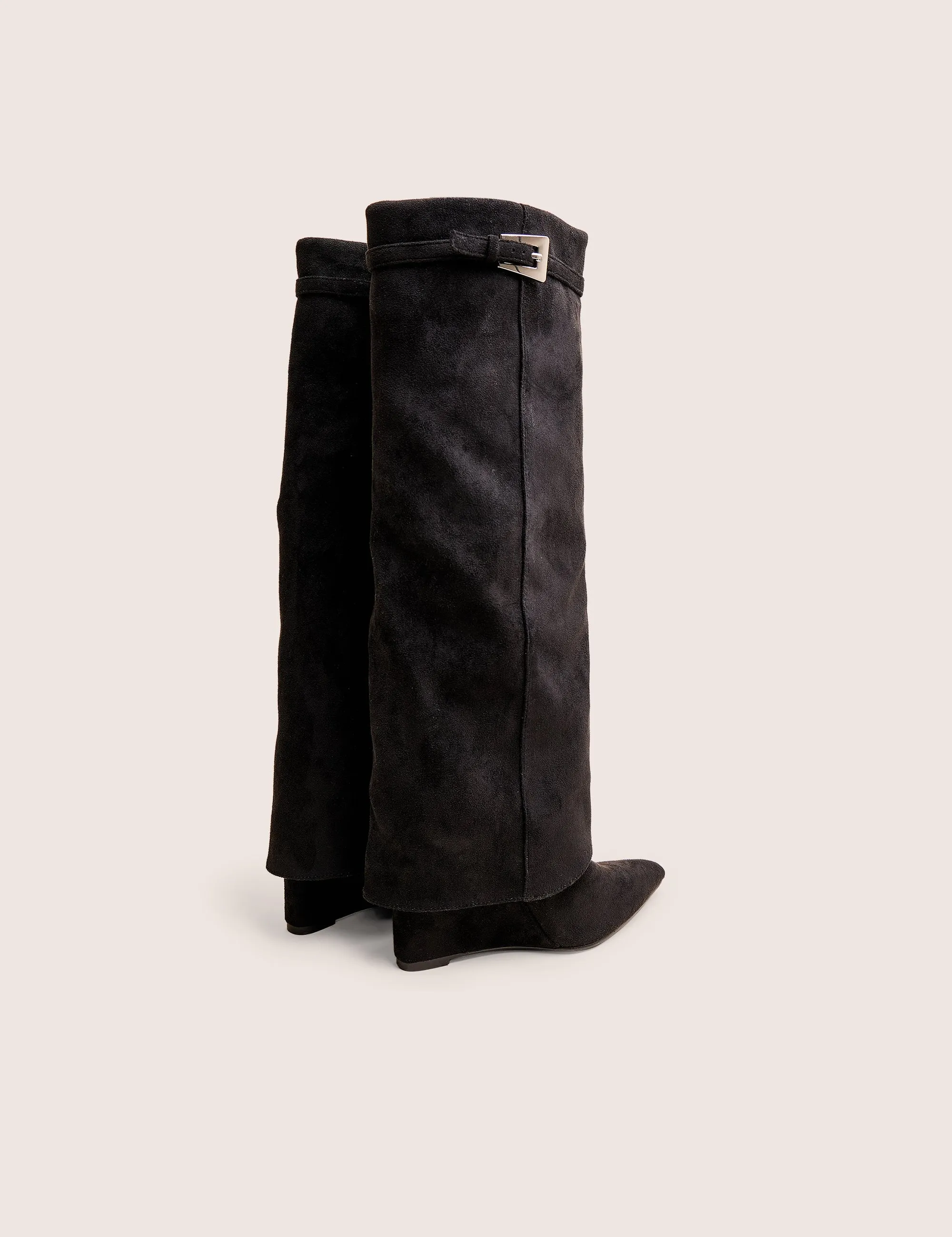 Kola Black Fold Over Buckle Detail Heeled Boots Fold Over Boots Knee High