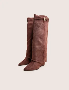 Wide Leg Knee High Boots Kola Brown Fold Over Buckle Detail Heeled Boots