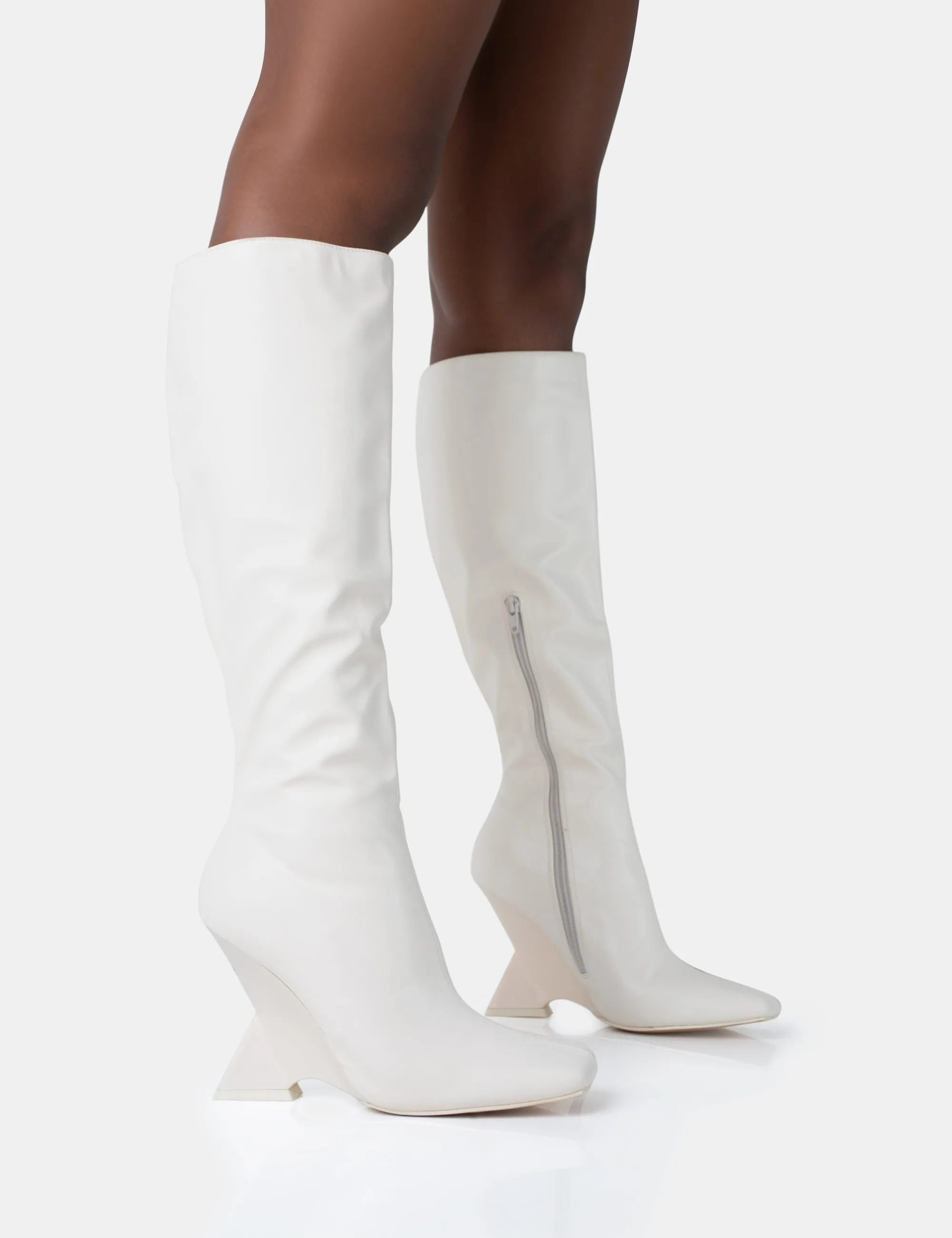 Plus Size Knee High Boots Extra Wide Calf Vanessa Ecru PU Inverted Wedge Square Toe Heeled Knee High Boots