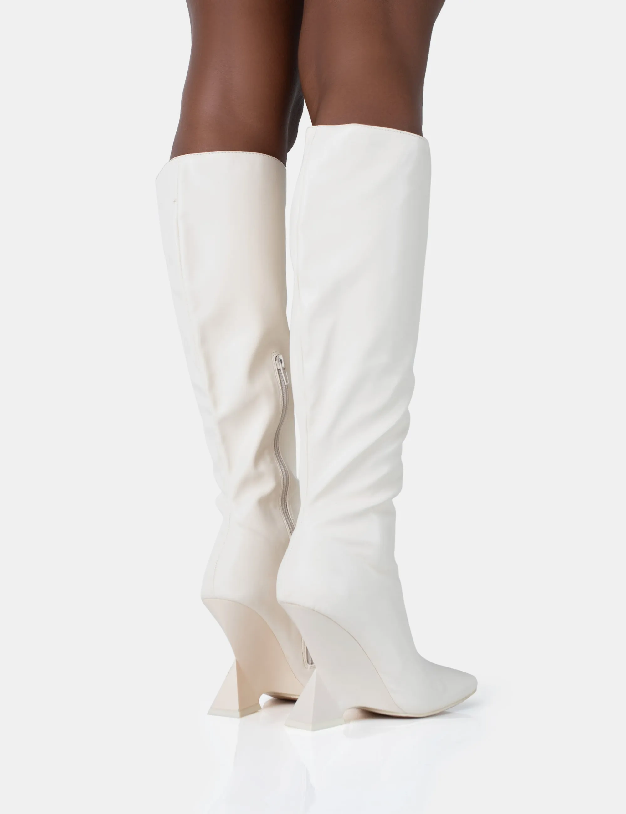 Cleated Knee High Boots Vanessa Ecru PU Inverted Wedge Square Toe Heeled Knee High Boots
