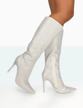 Lexi Silver Diamante Stiletto Knee High Boots Fringe Knee High Boots