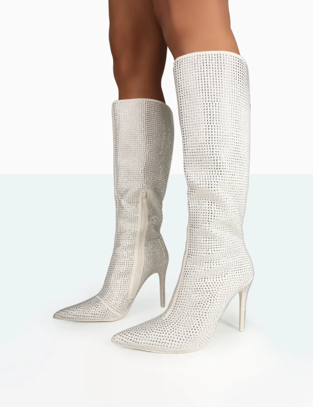 Knee High Riding Boots Lexi Silver Diamante Stiletto Knee High Boots