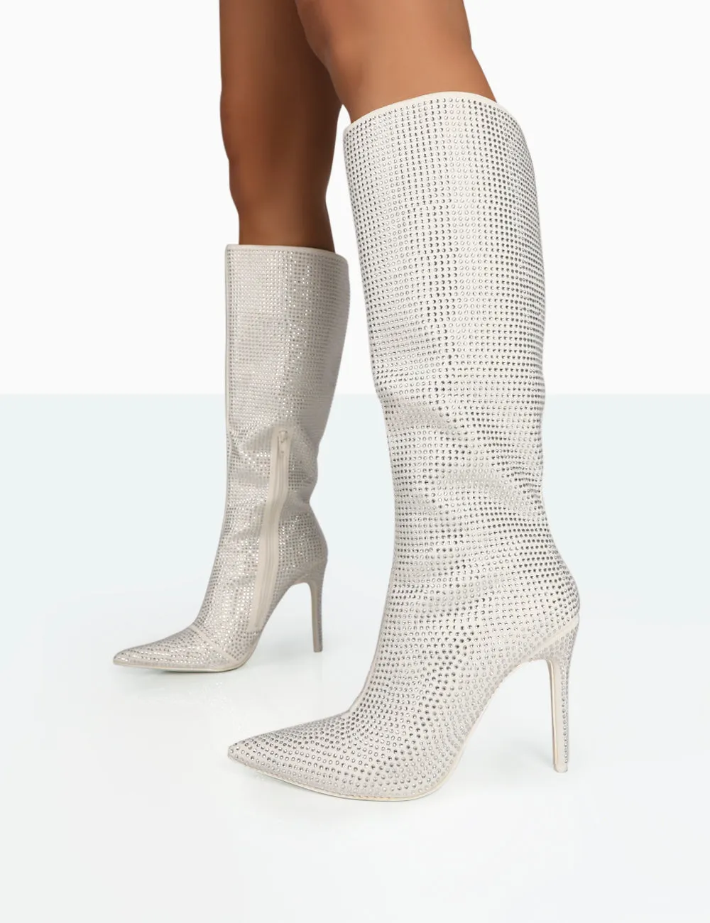 Alfani Knee High Boots Lexi Silver Diamante Stiletto Knee High Boots