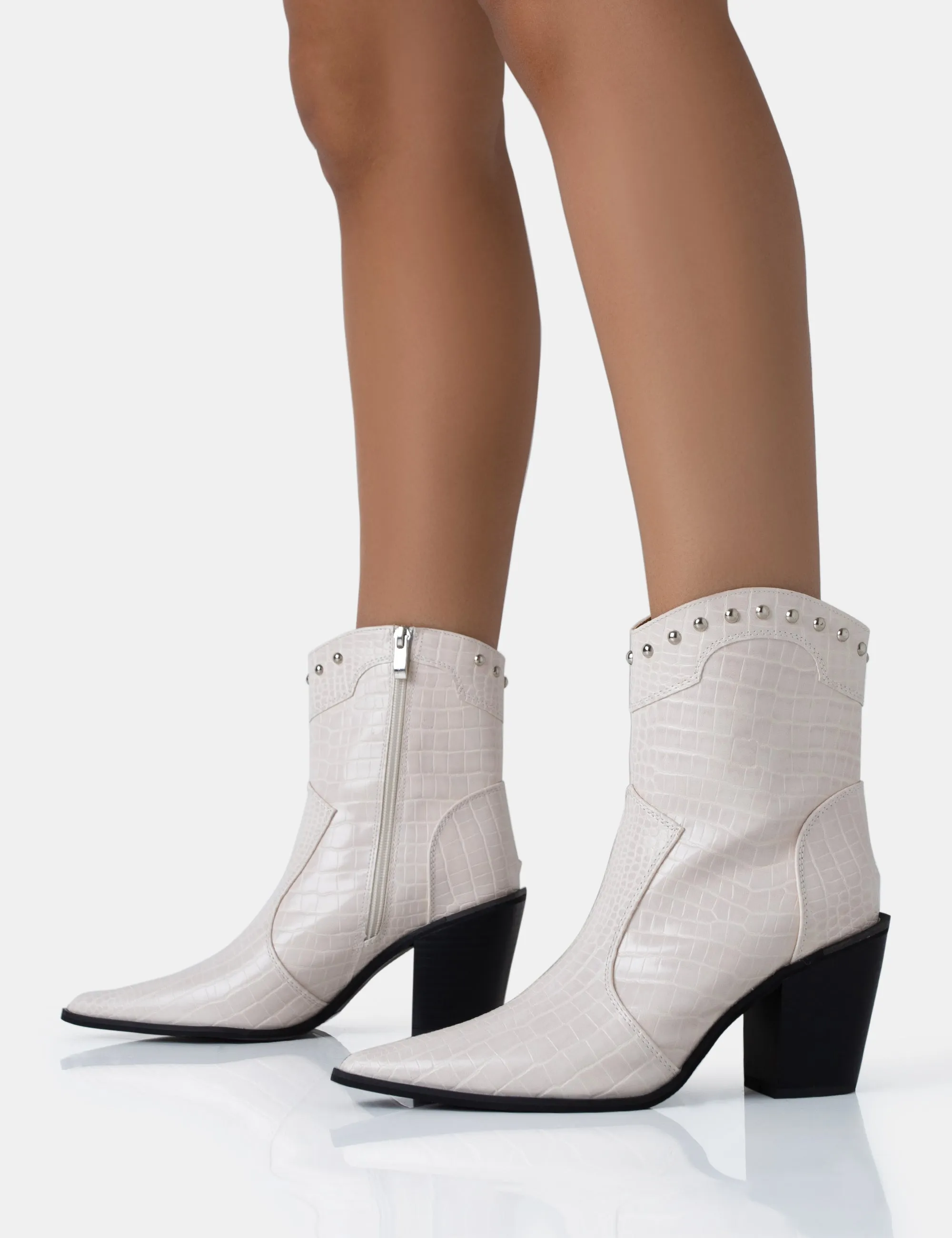 Work Boots Cheap Prices Riley Ecru Croc Metal Studded Detail Pointed Toe Western Cowboy Block Ankle Boots