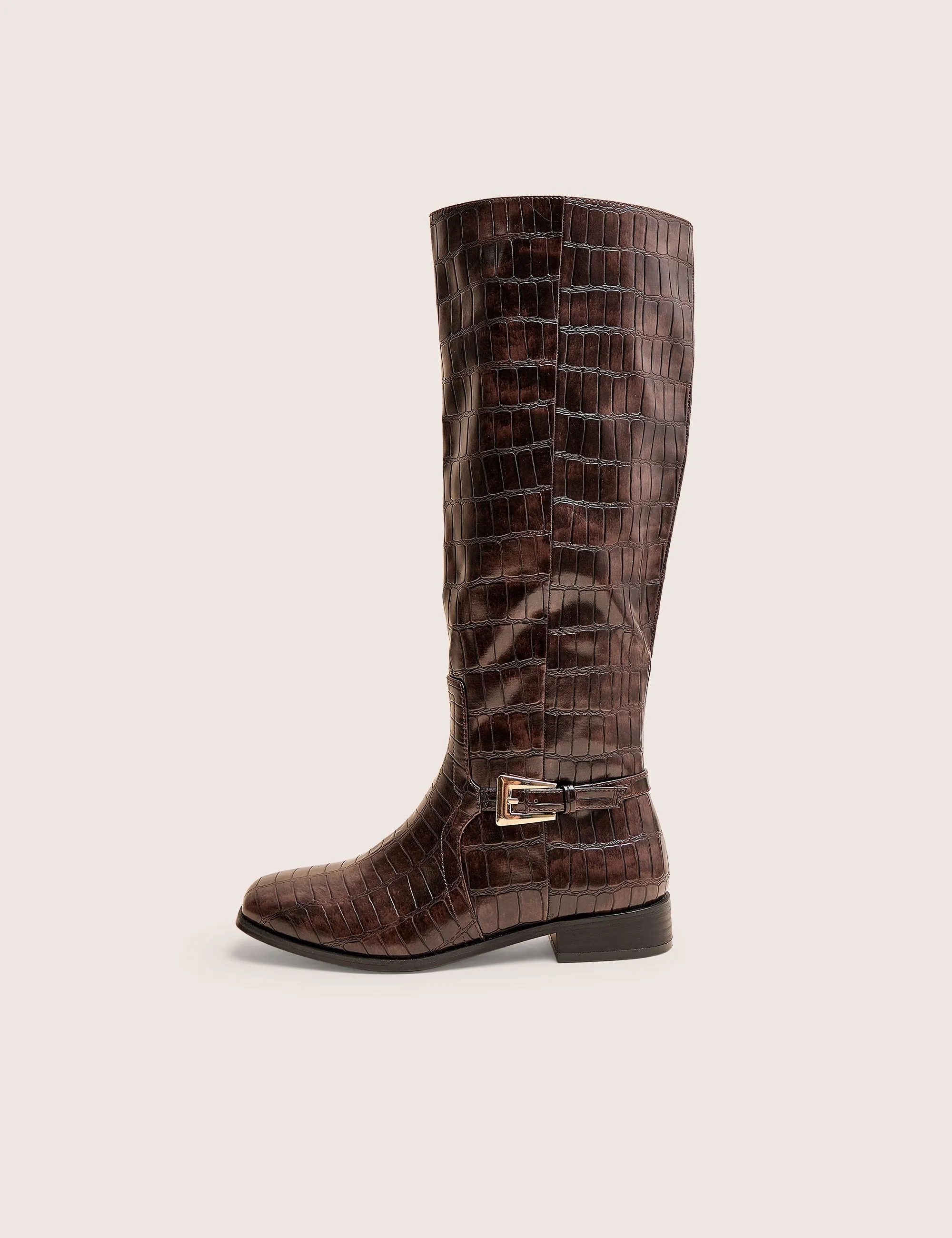 Mackie Brown Croc Buckle Detail Knee High Riding Boot Knee High Slouch Boots Flat