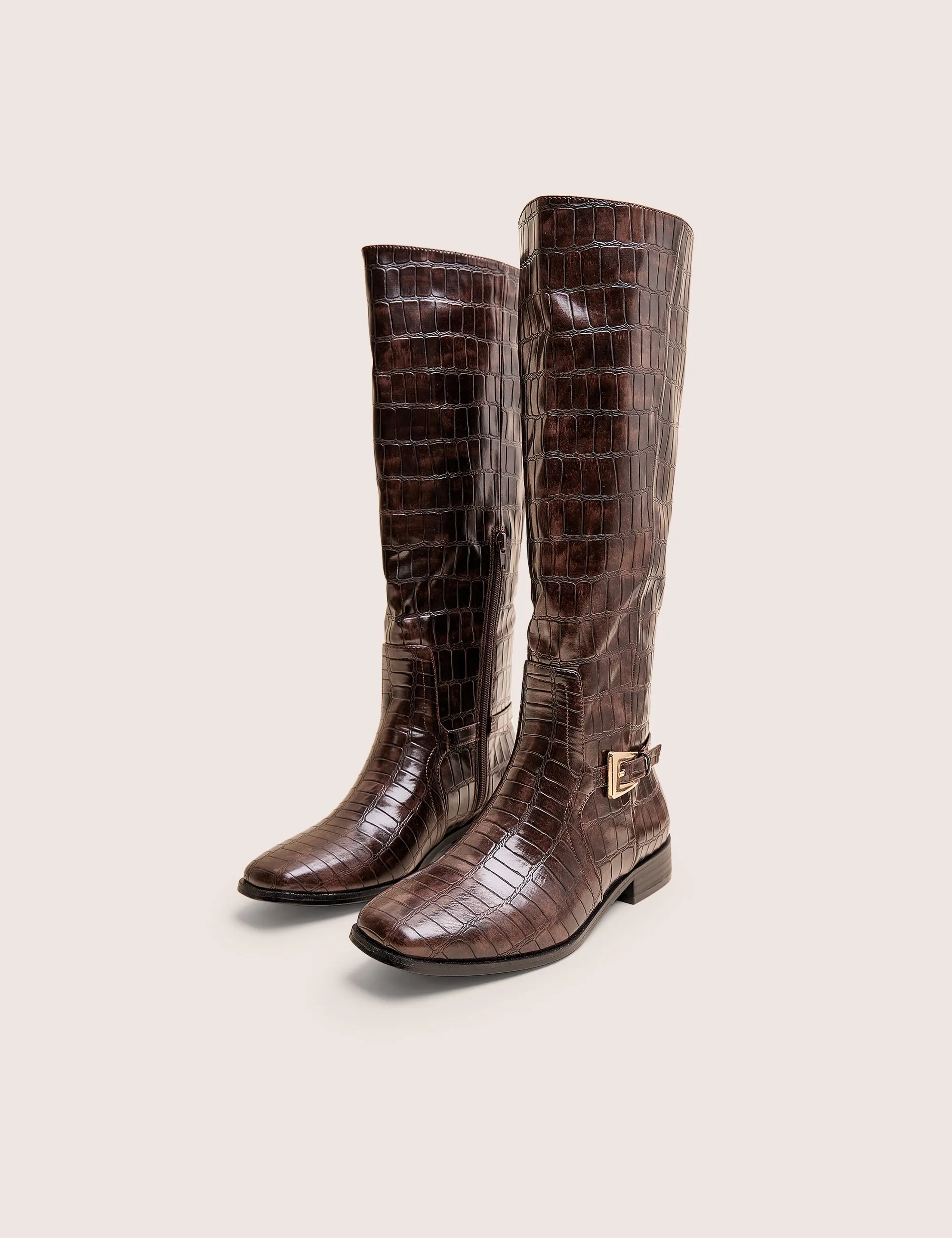 Mackie Brown Croc Buckle Detail Knee High Riding Boot Rhinestone Over The Knee High Boots