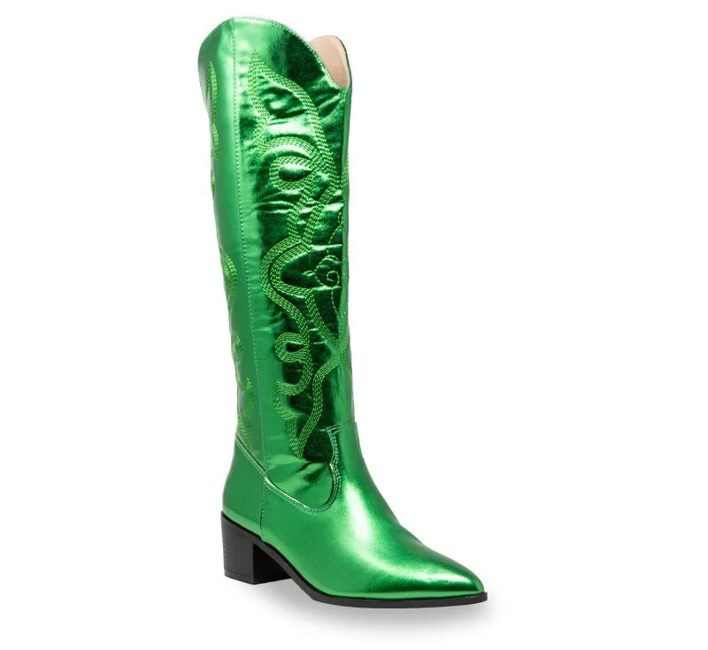 MALENA/2024 Green Metallic Faux Leather Cowboy Boot Western Styling with Stitching Detail Joules Wellington Boots