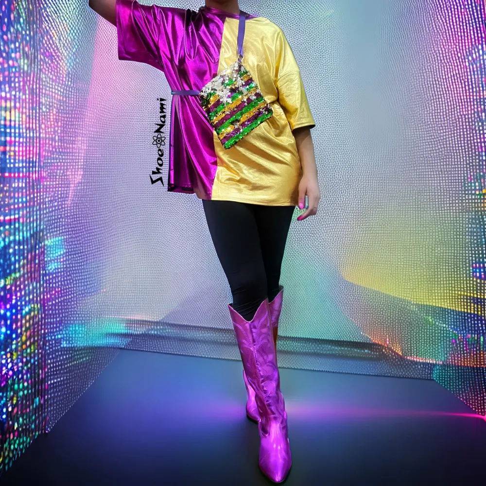 MALENA/2024 Purple Metallic Faux Leather Cowboy Boot Western Styling with Stitching Detail Bow Cowboy Boots