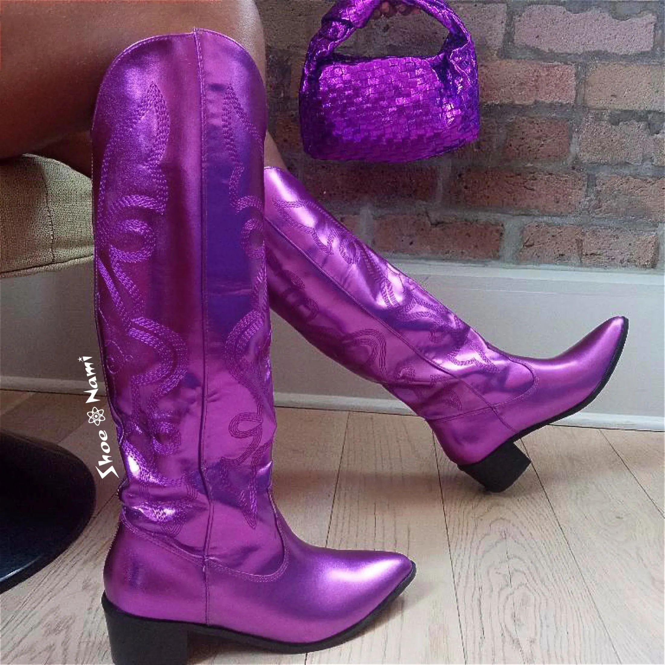 Chap Boots MALENA/2024 Purple Metallic Faux Leather Cowboy Boot Western Styling with Stitching Detail