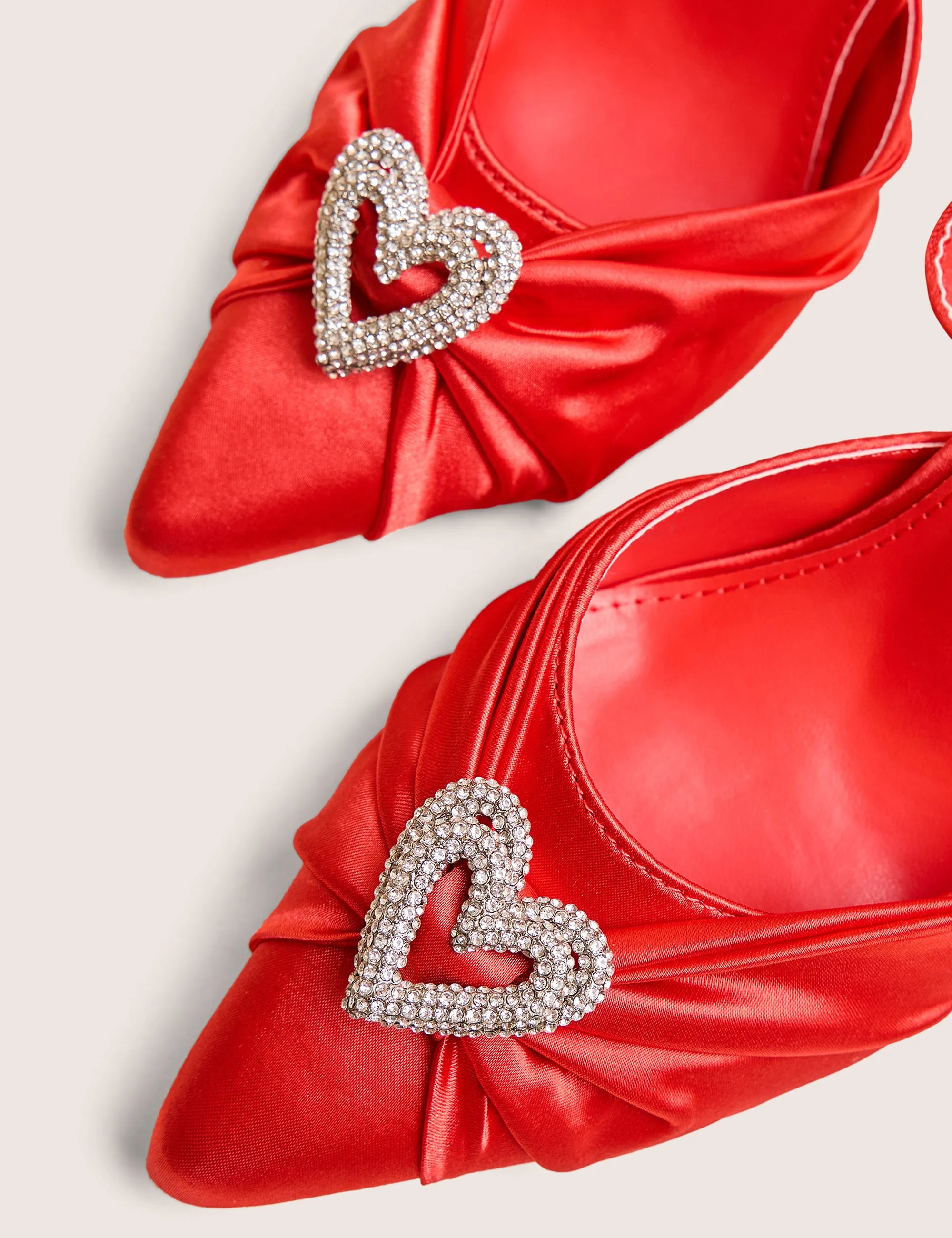 Meant to Be Red Satin Diamante Heart Court Stiletto Heel Heeled Knee High Leather Boots