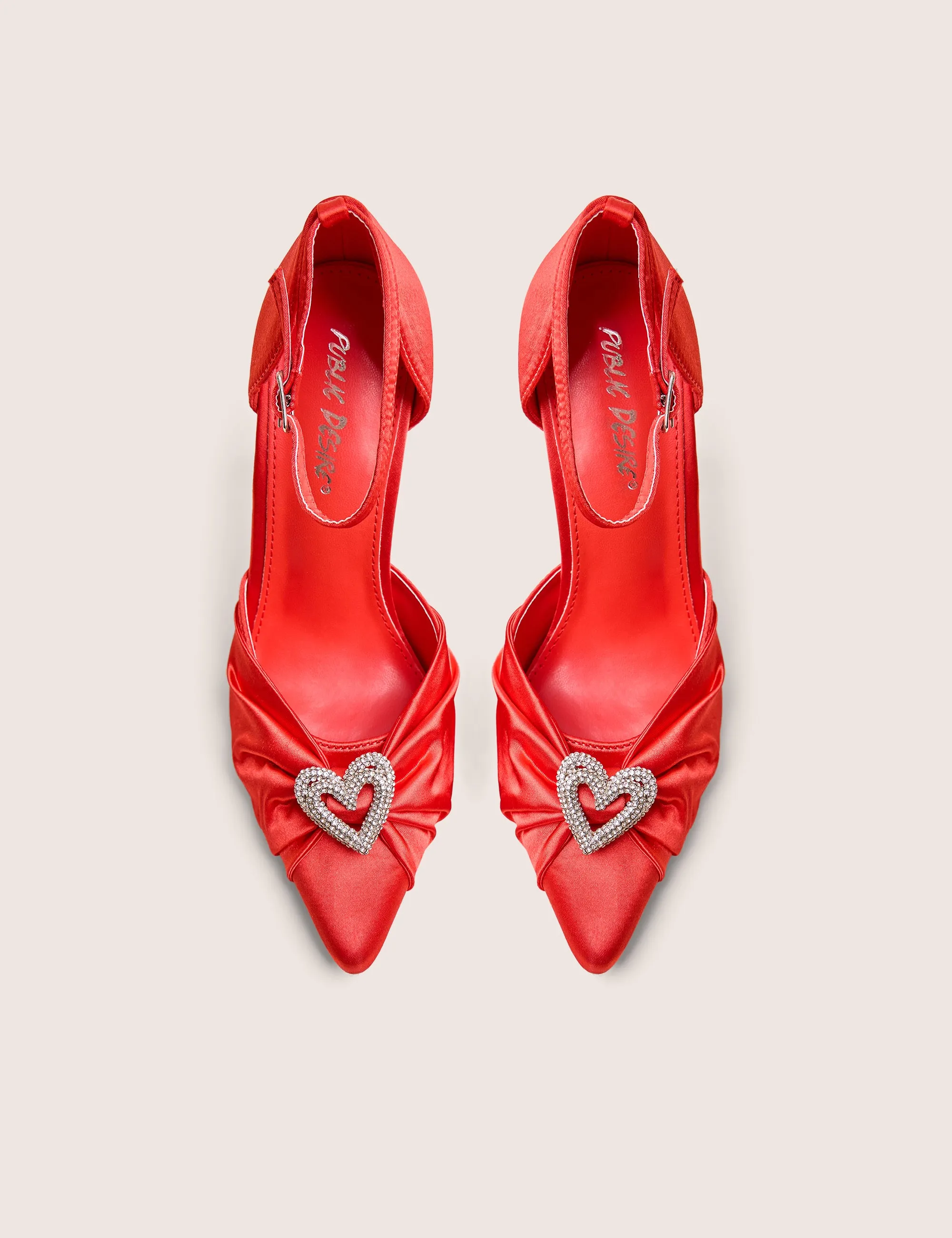 Meant to Be Red Satin Diamante Heart Court Stiletto Heel Baseball Heel Shoes