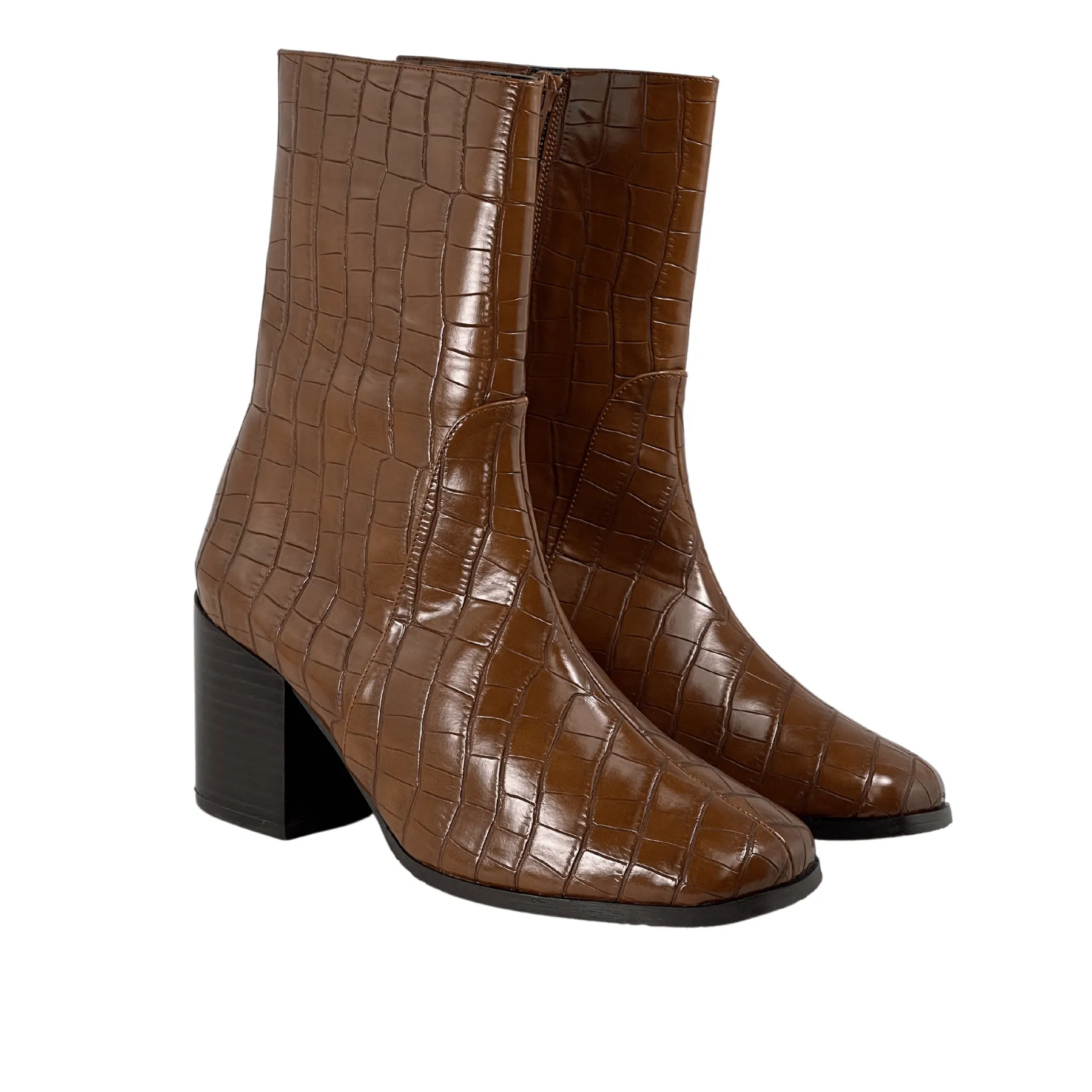 Earth Leather Lace Up Ankle Boots 'Menos' vegan mid-calf boot by Zette Shoes - brown croc