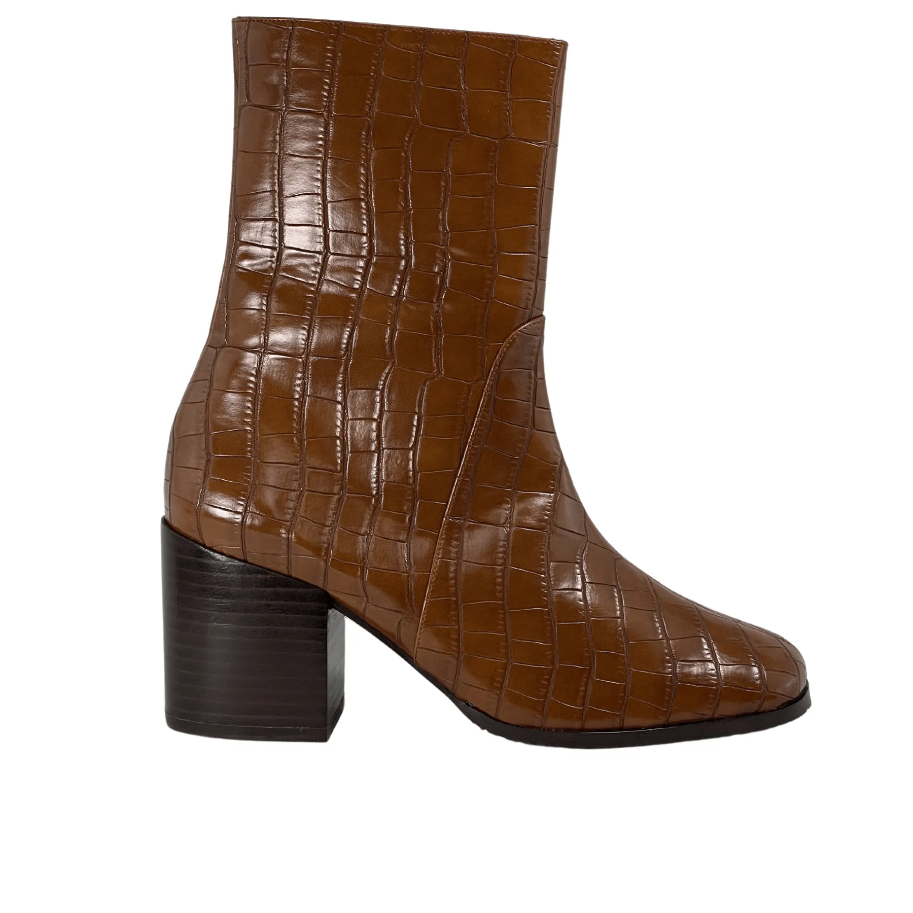 Flat Leather Ankle Boots With Faux Pearls 'Menos' vegan mid-calf boot by Zette Shoes - brown croc
