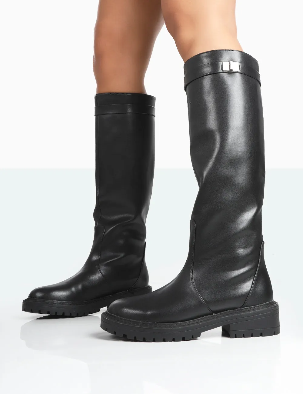 Wide Calf Knee High Leather Boots More Fun Wide Fit Black Pu  Round Toe Chunky Sole Knee High Boots
