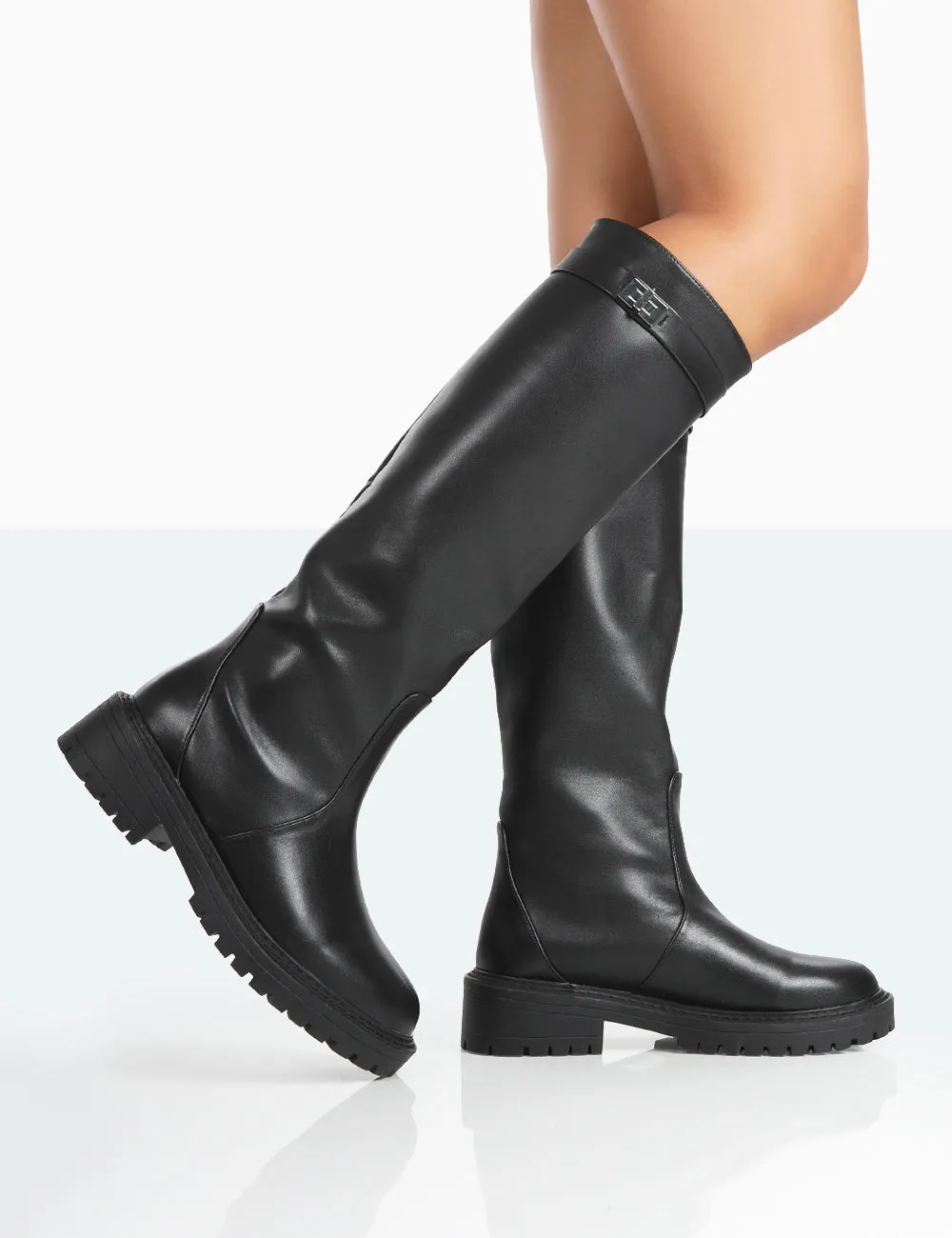 More Fun Wide Fit Black Pu  Round Toe Chunky Sole Knee High Boots Knee High Boots Styled