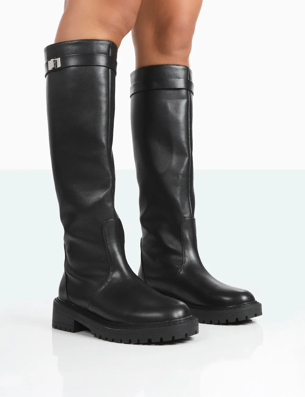 More Fun Wide Fit Black Pu  Round Toe Chunky Sole Knee High Boots Aldo Flat Knee High Boots