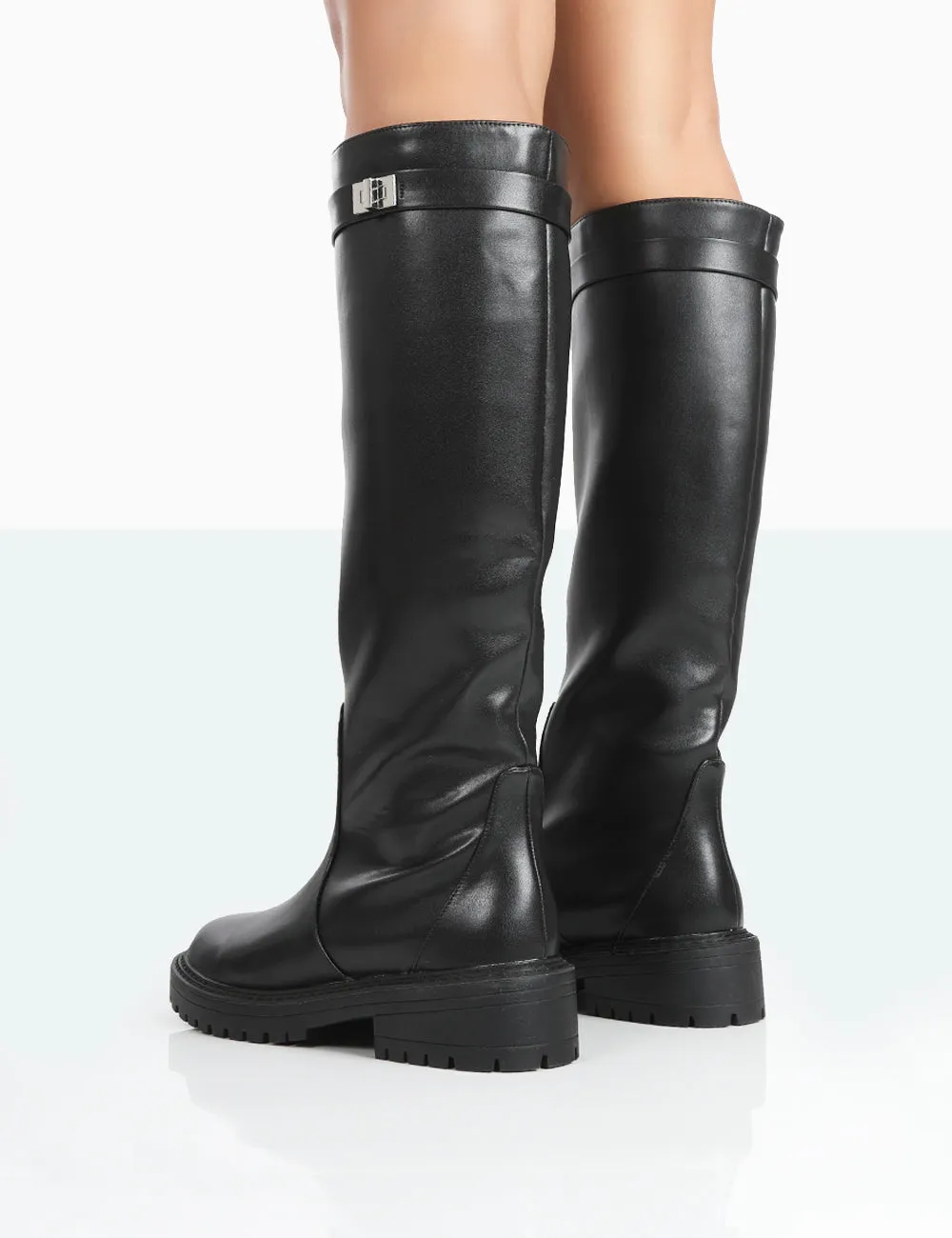 Knee High Boots For Fat Calves More Fun Wide Fit Black Pu  Round Toe Chunky Sole Knee High Boots