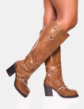 Nashville Vintage Brown Western Studded Block Heel Knee High Boot Knee High Pull On Boots