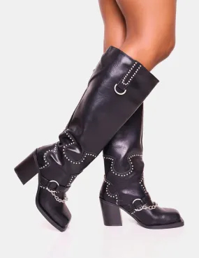 Versatile Knee High Boots Nashville Wide Fit Black Western Studded Block Heel Knee High Boot