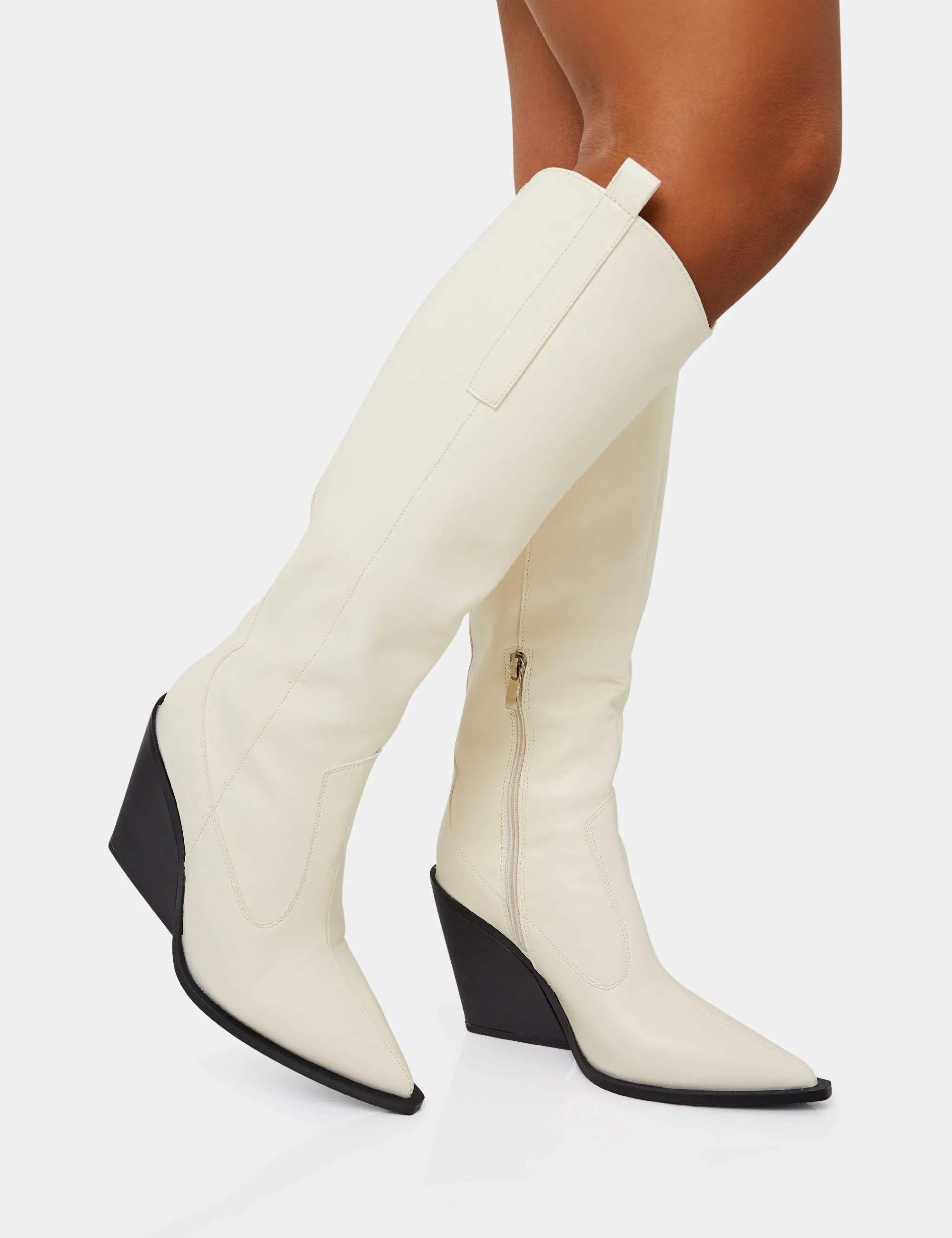 Alyx Boots Nevada Ecru Western Cowboy Pointed Toe Block Heel Knee High Boots