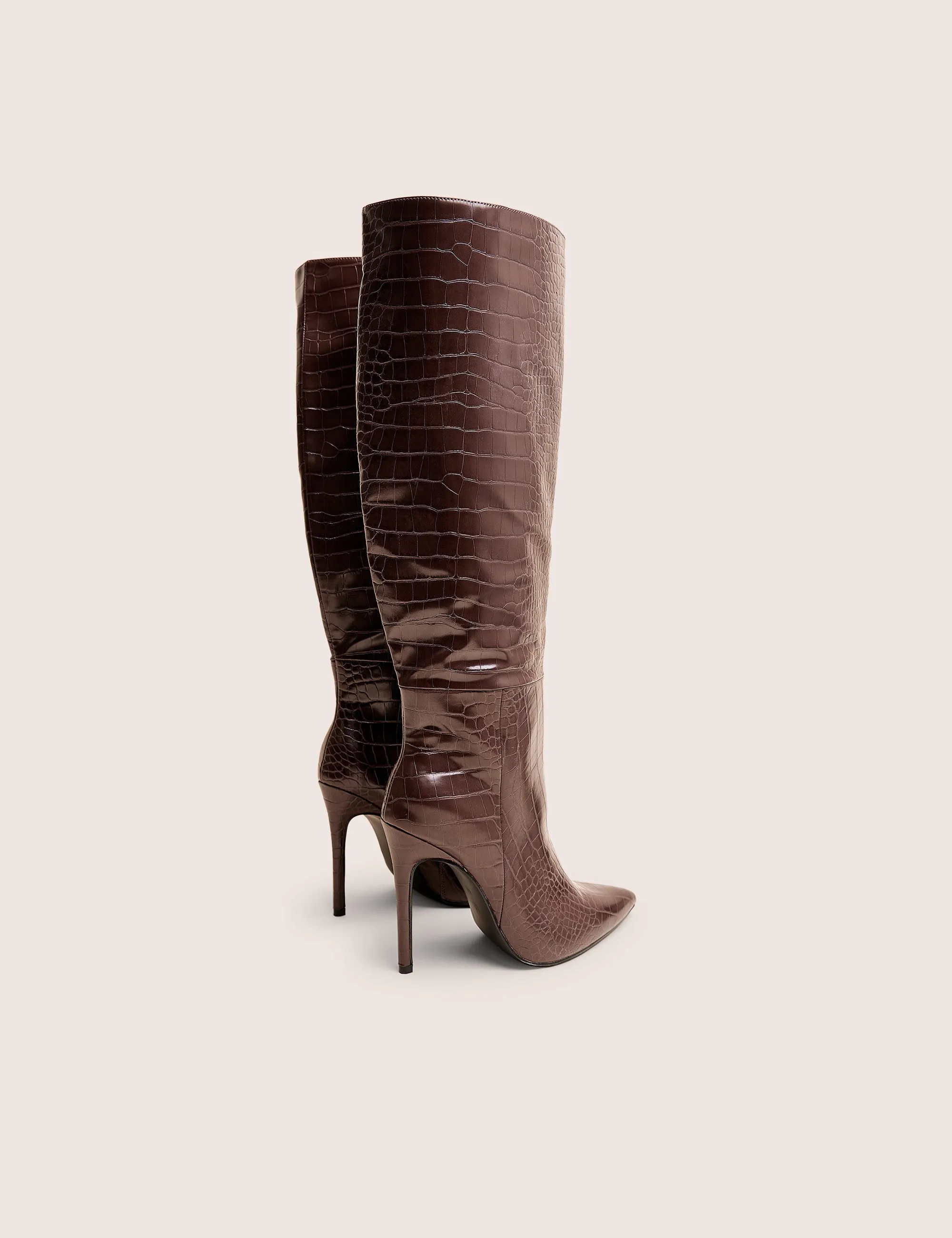 Stretch Knee High Boots Narrow Calf Nova Chocolate Brown Croc Knee High Stiletto Boots