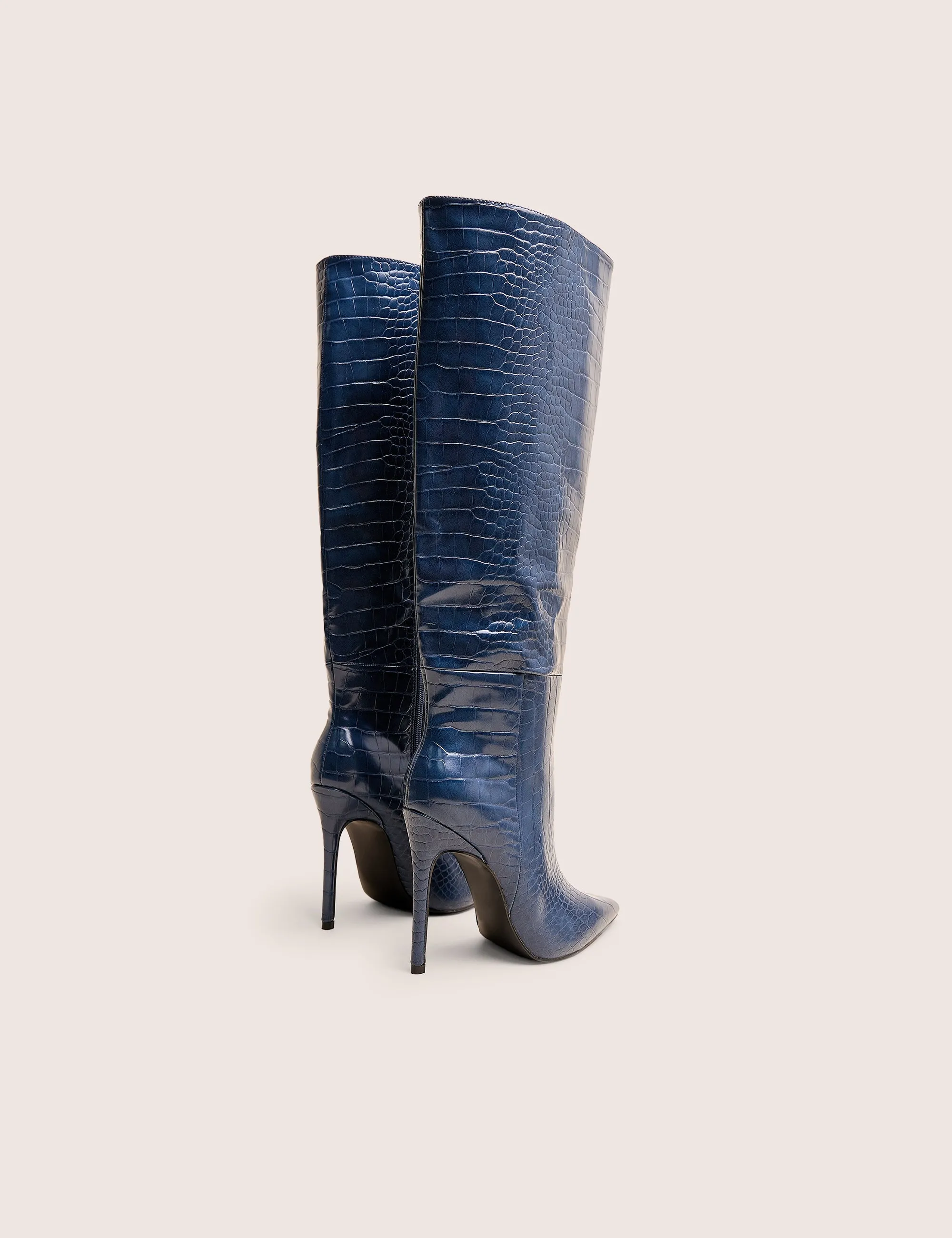 Nova Chocolate Navy Croc Knee High Stiletto Boots Wide Fit Knee High Heeled Boots