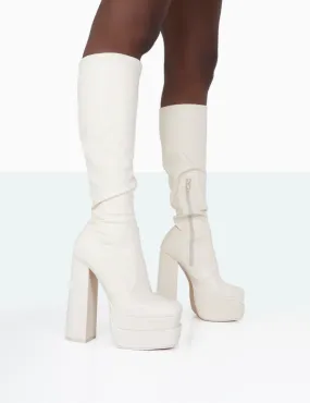 Passive Ecru PU Square Toe Platform Block High Heel Over The Knee Boots Felt Knee High Boots