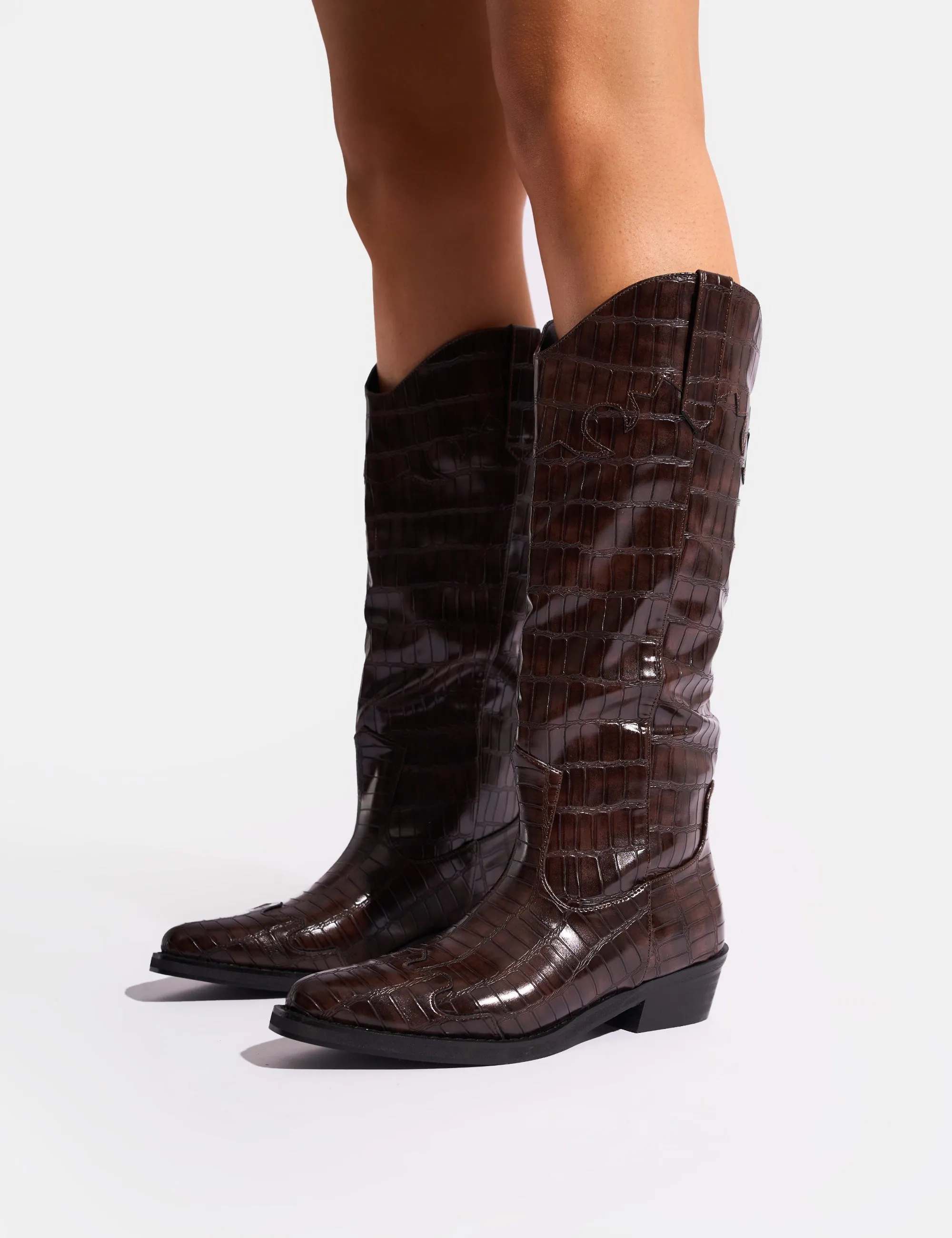 Knee High Kitten Boots Apollo Brown Croc Flat Western Knee High Boots