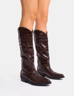 Apollo Brown Croc Flat Western Knee High Boots Knee High Boots No Heel Leather