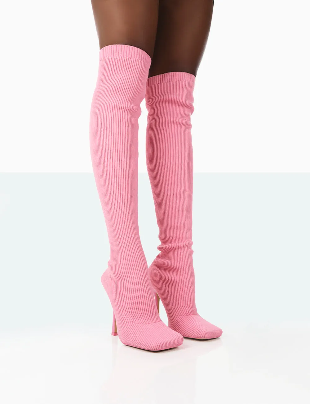 Hooded Knee High Boots Bubbles Pink Wide Fit Knitted Knee High Boots