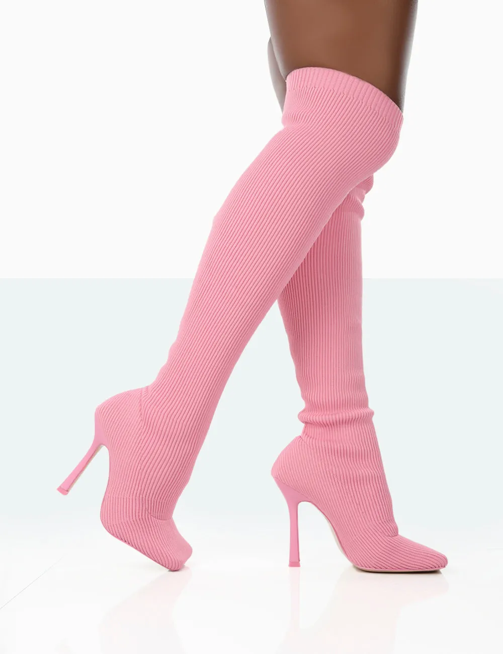 Knee High Slouch Boots Leather Bubbles Pink Wide Fit Knitted Knee High Boots