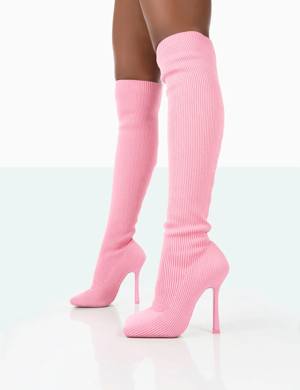 Open Toe Knee High Flat Boots Bubbles Pink Wide Fit Knitted Knee High Boots