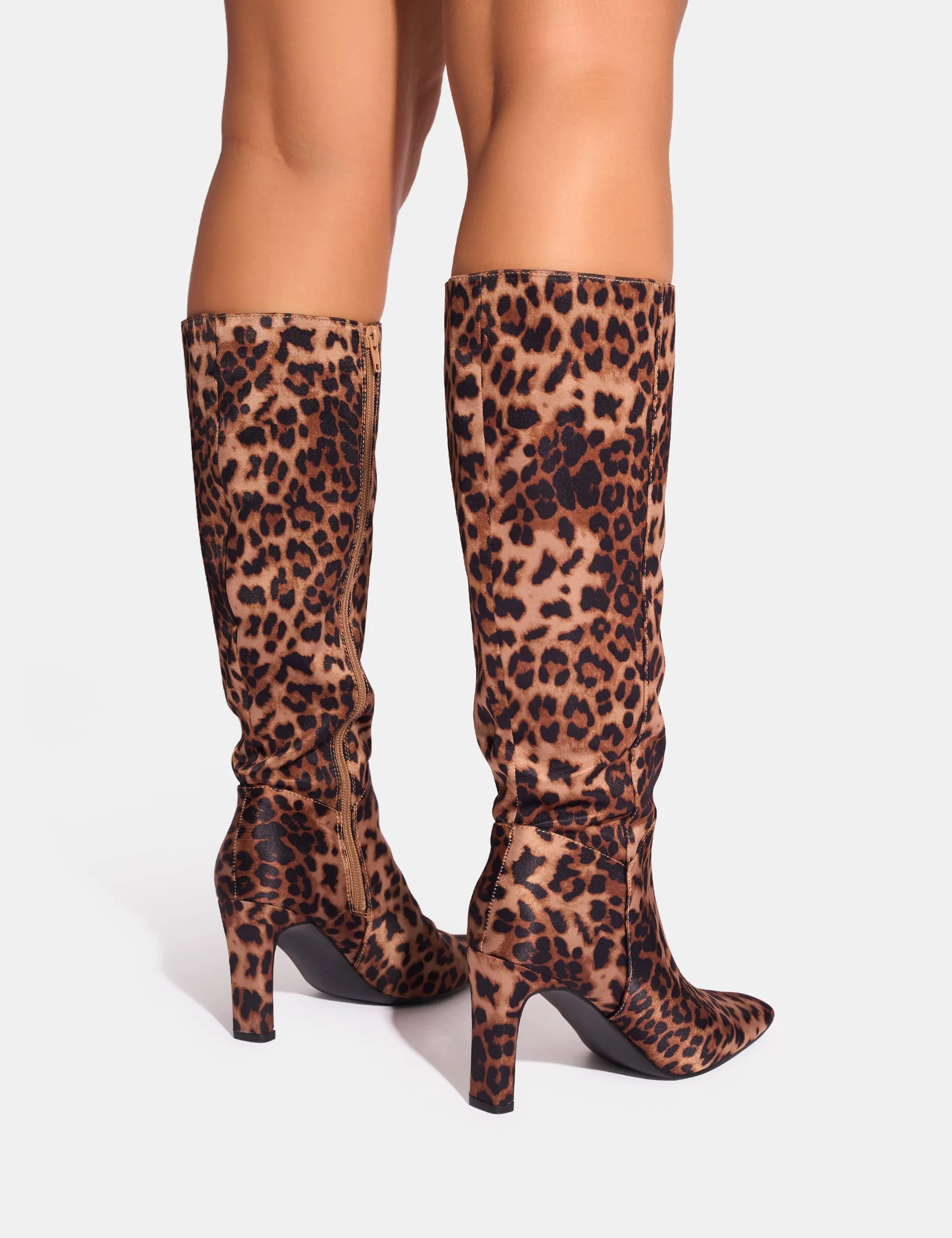 Pose Leopard Wide Fit Zip Up Knee High Slim Block Heeled Boots Taupe Suede Boots Knee High